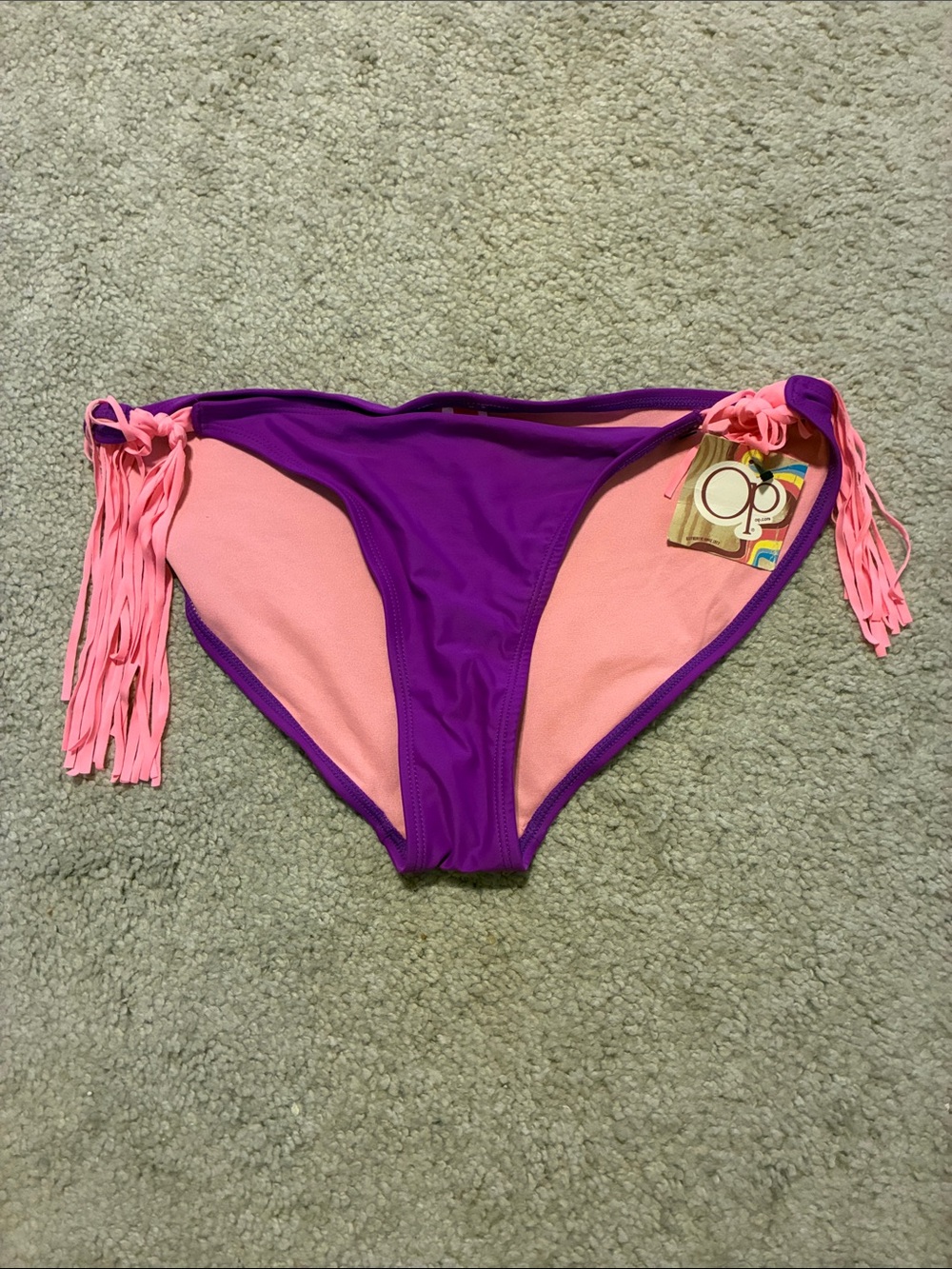 OP women’s Purple Swim Bottom with Pink Fringe Tie-Sides